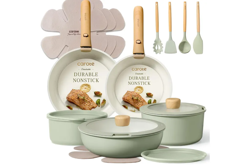 Carote durable nonstick cookware set in sage green and cream colors.