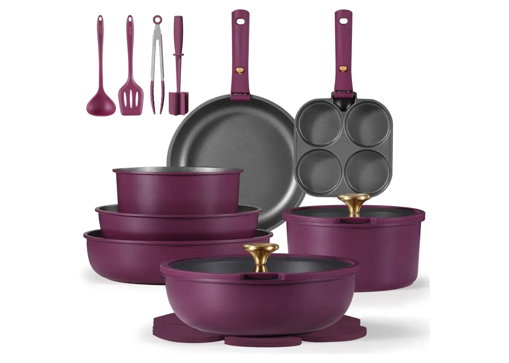 Illustration of a purple and grey cookware set including pots, pans, and utensils.