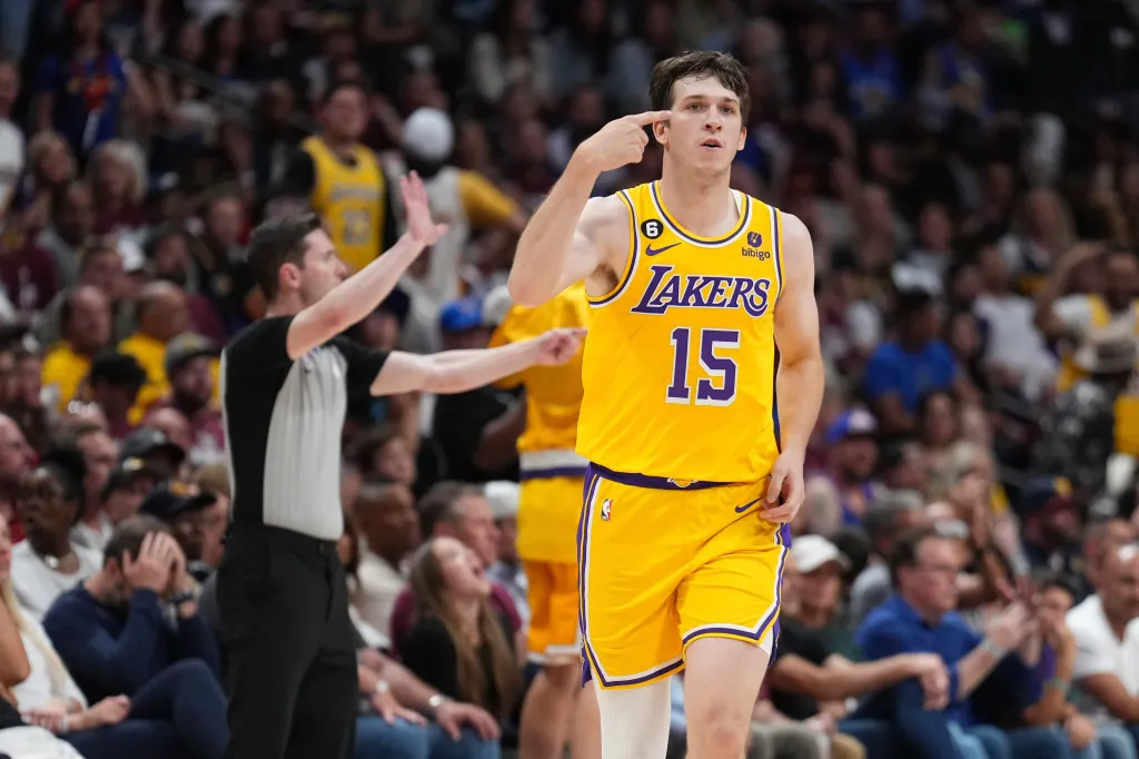 Los Angeles Lakers guard Austin Reaves (15) celebrates a basket against the Denver Nuggets during the second half of Game 1 of the NBA basketball Western Conference Finals series, Tuesday, May 16, 2023, in Denver.