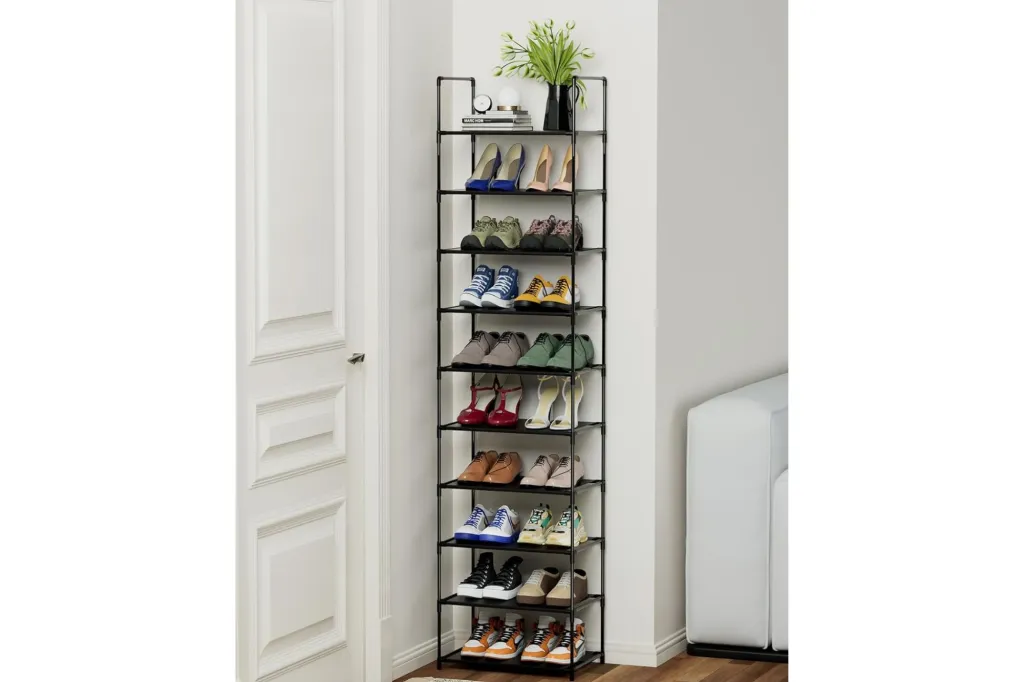 A shoe rack with shoes.