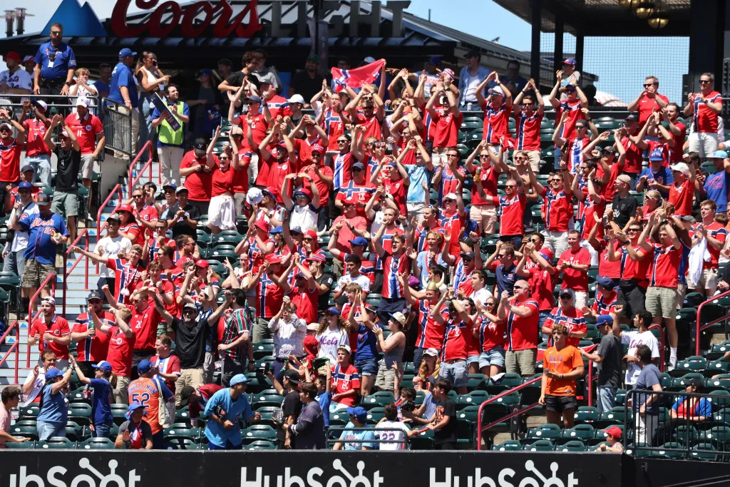Norway fans take over a section in center field during a Mets-Cubs game at Citi Field on June 24, 2026.