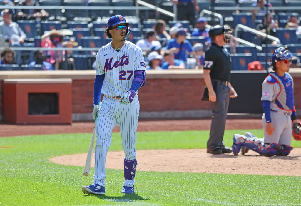 The Mets' Mark Vientos reacts after striking out in the eighth inning during Game 1 of a doubleheader against the Cubs on June 24, 2026.
