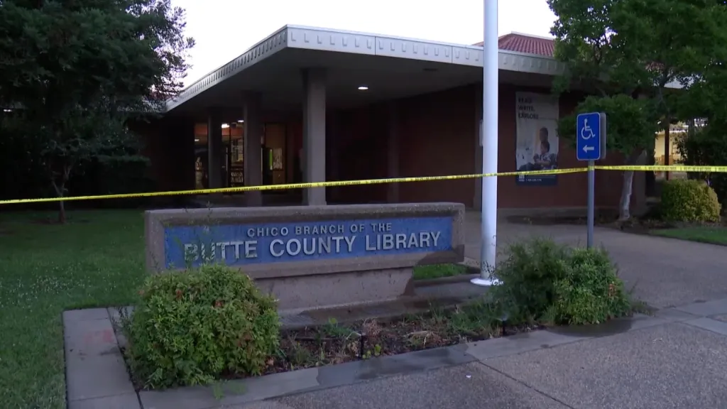 Crime scene tape blocking off the Butte County Library.
