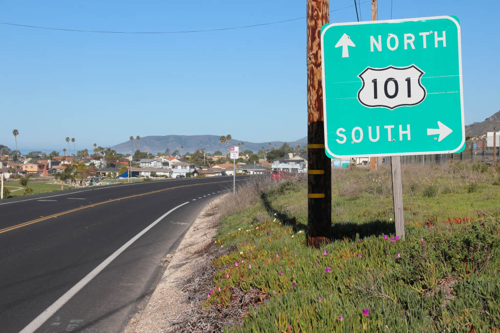 A sign for US Highway 101, showing directions to go north (straight) or south (right), on a roadside with green plants, an empty road, and coastal houses in the background.