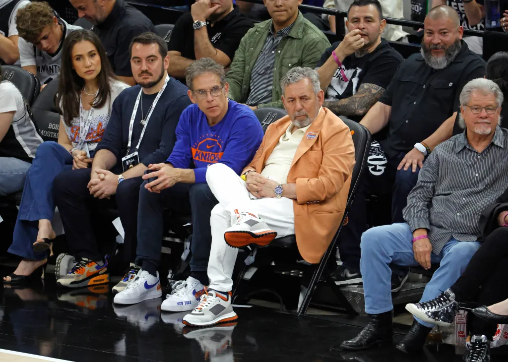 Comedian Ben Stiller and New York Knicks owner James Dolan sit courtside during Game 2 of the 2026 NBA Finals.