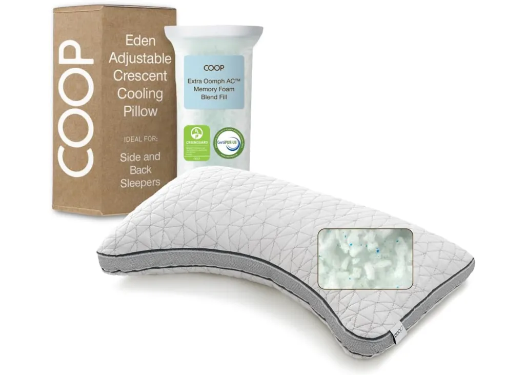 Coop Home Goods Eden Adjustable Crescent Cooling Pillow with memory foam fill.
