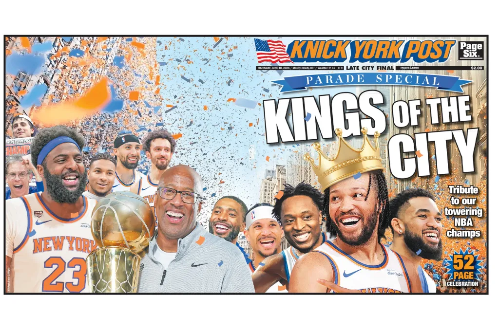 Collage of Knicks players celebrating a championship win on the cover of the New York Post, with the headline "Kings of the City".