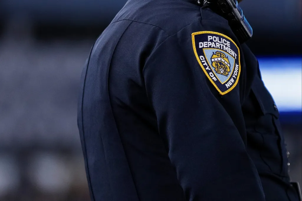 BRONX, NY - SEPTEMBER 22: A New York City Police Department (NYPD) patch is seen on an officer's uniform during a regular season game between the Arizona Diamondbacks and New York Yankees on September 22, 2023 at Yankee Stadium in the Bronx, New York.