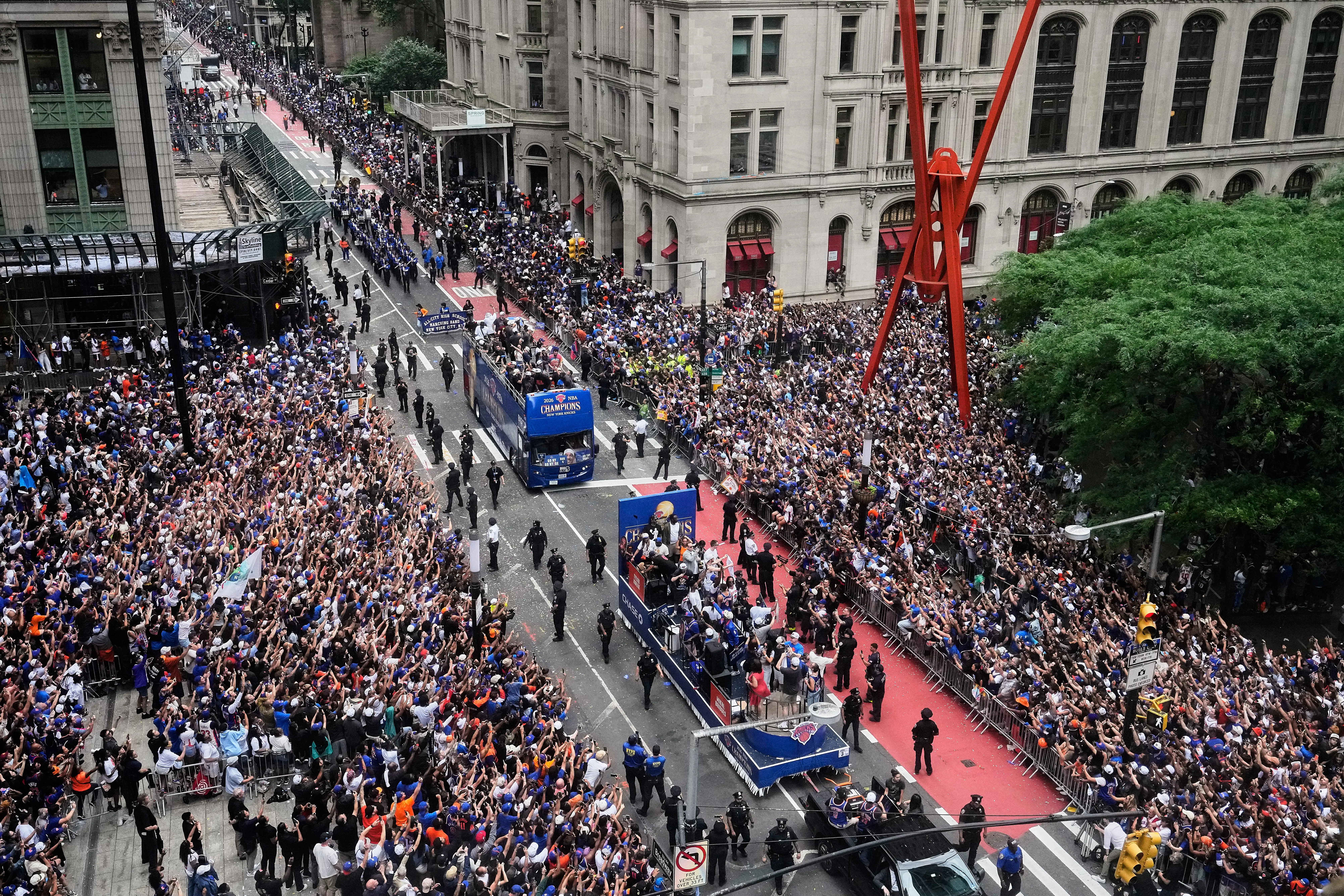 New York Knicks ticker-tape parade down Manhattan's "Canyon of Heroes" to celebrate their 2026 NBA Championship