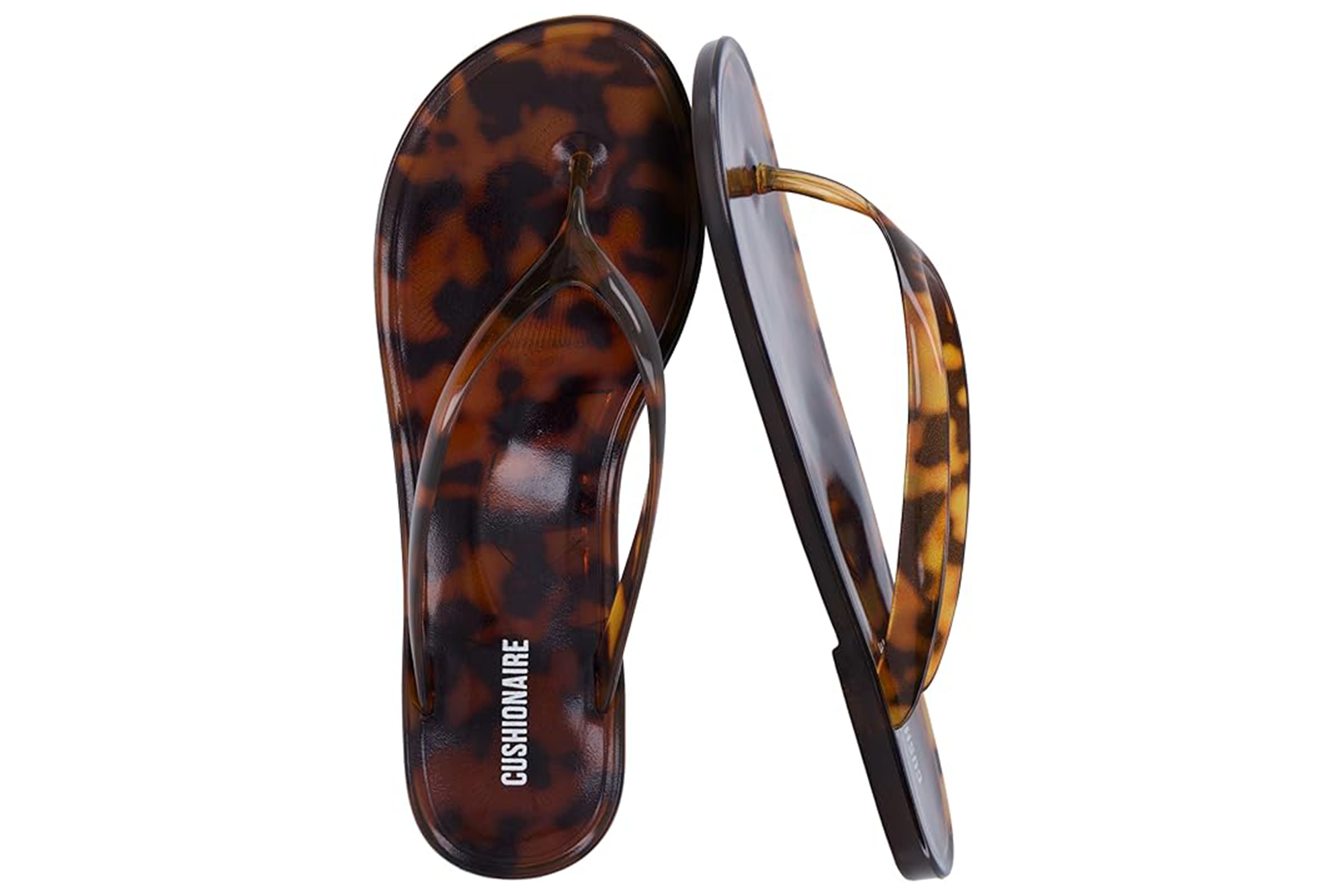 Pair of "Cushionaire" tortoise-shell patterned flip-flops.