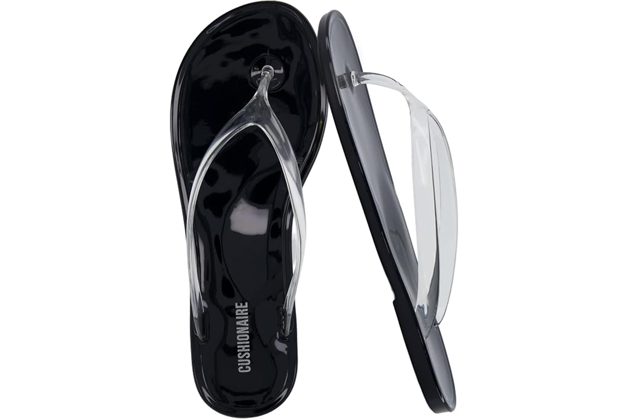 A pair of black Cushionaire flip-flops with clear straps.
