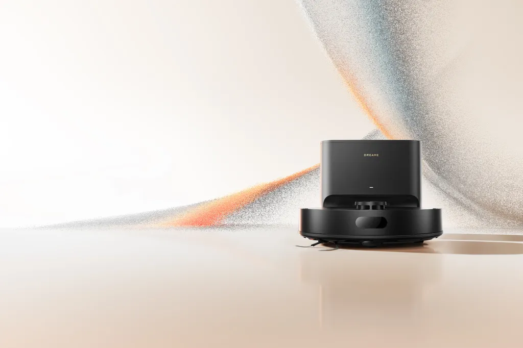 Dreametech d30-air-plus robotic vacuum cleaner on a glossy surface.
