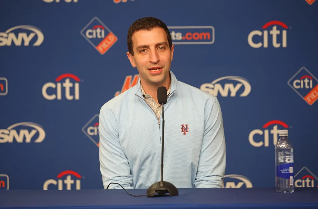 David Stearns, President of Baseball Operations for the New York Mets, speaks at a press conference.