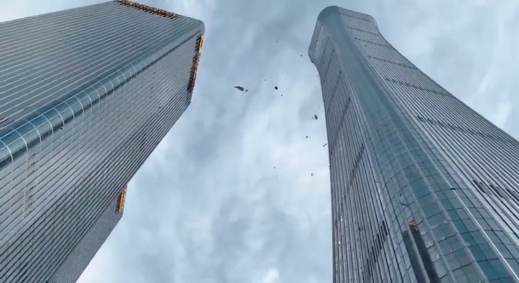 Debris falling from the top of the CITIC Tower in Beijing after a small plane crash.