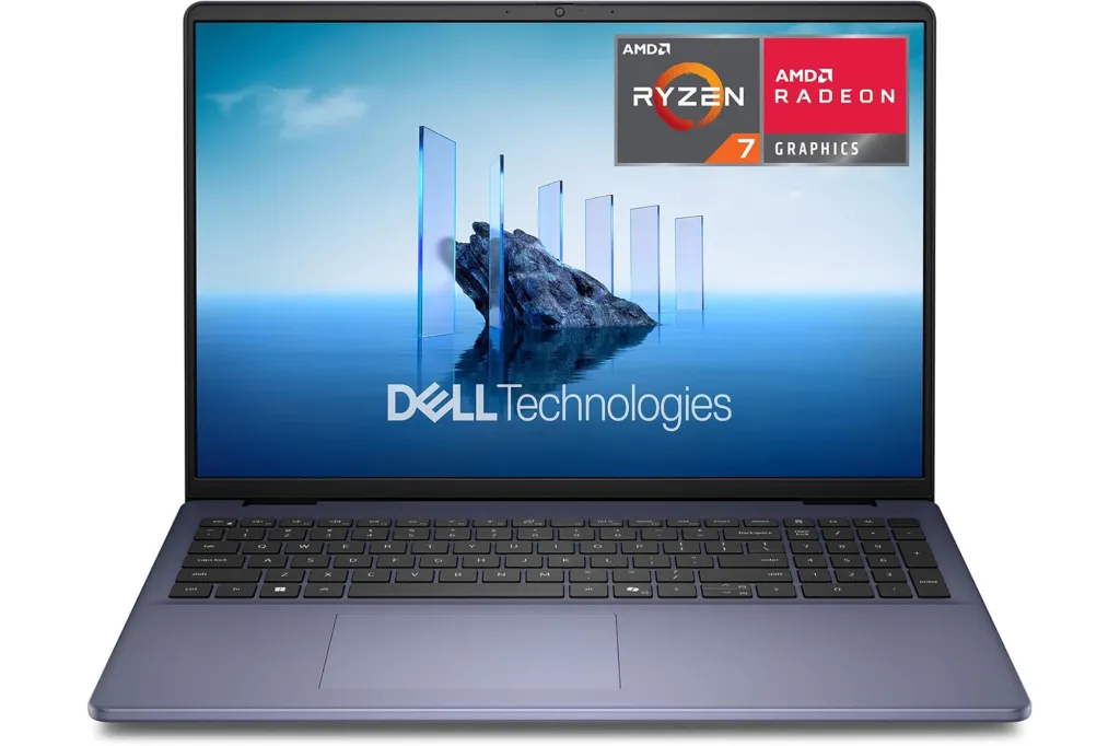A purple Dell Technologies laptop with an AMD Ryzen 7 and Radeon Graphics sticker on the screen.