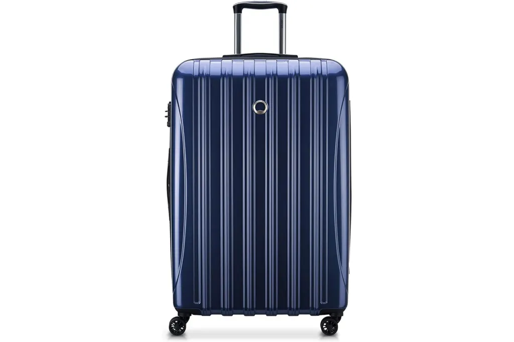 A blue suitcase with wheels
