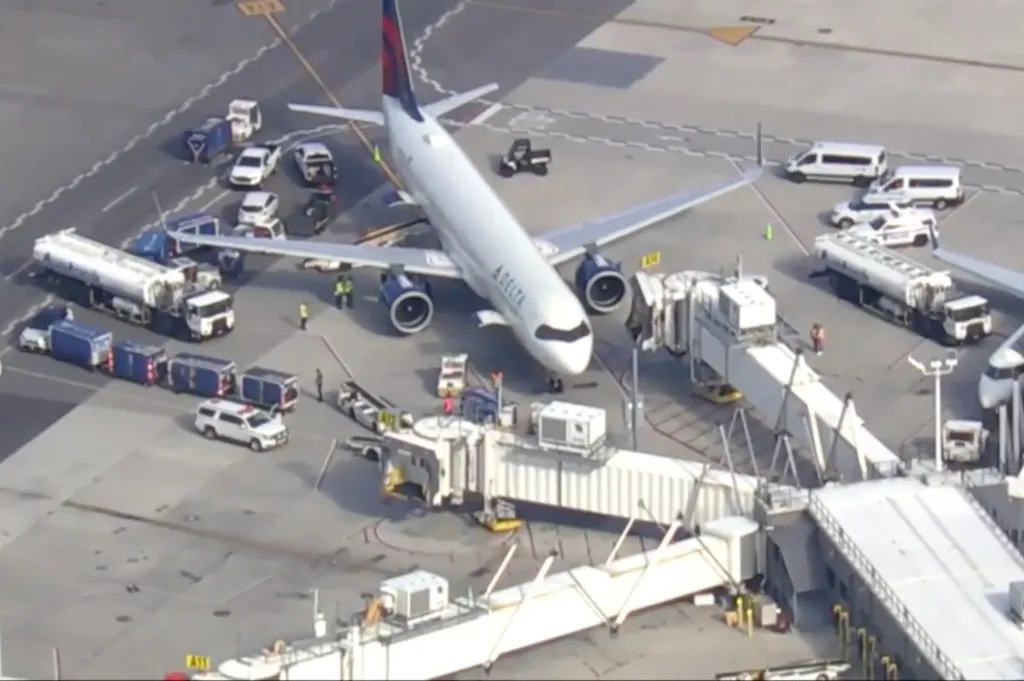 An aerial view shows a Delta flight safely on the tarmac at JFK airport, surrounded by emergency vehicles and airport personnel.
