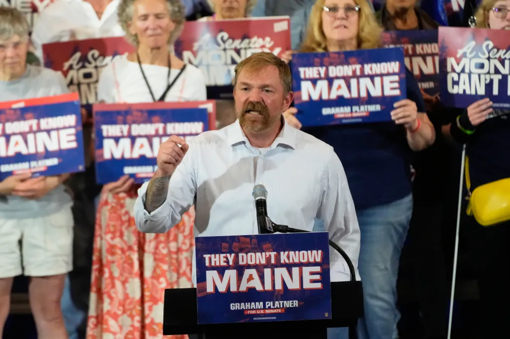 Democratic U.S. Senate candidate Graham Platner speaks at a primary election night watch party.