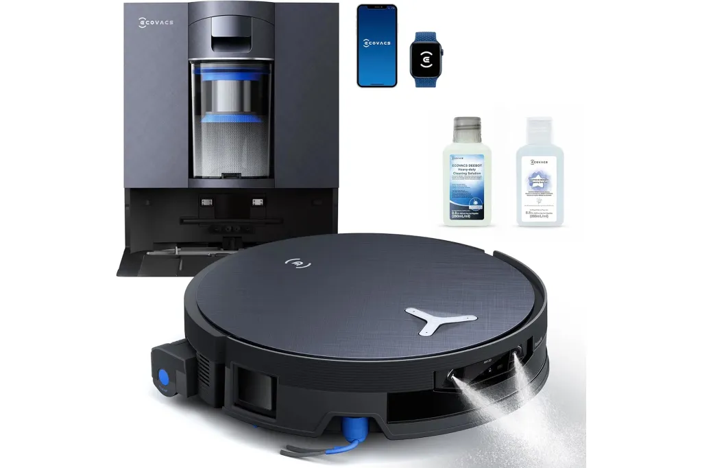 Collage of an Ecovacs robot vacuum, charging station, cleaning solutions, and controlling devices.