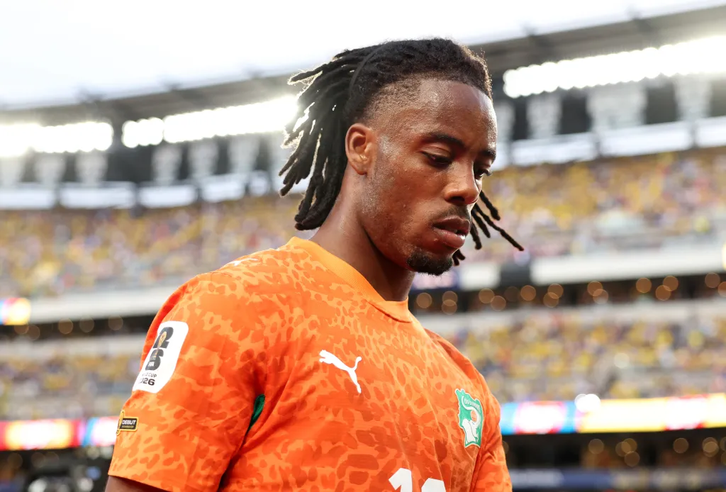 Elye Wahi #12 of Cote d'Ivoire reacting during a FIFA World Cup 2026 match.