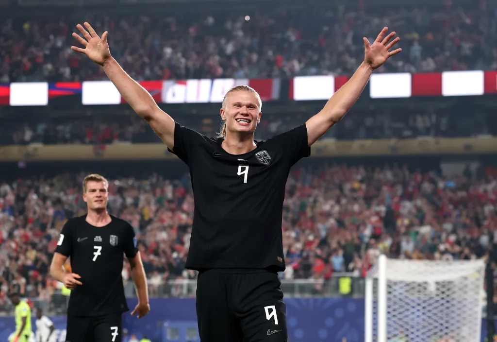 Erling Haaland of Norway celebrates scoring a goal during the FIFA World Cup 2026 Group I match against Senegal.