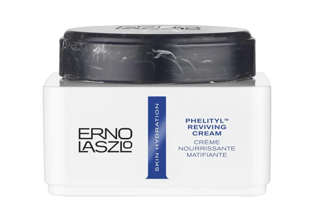 Erno Laszlo Phelityl Reviving Cream container with a black lid.