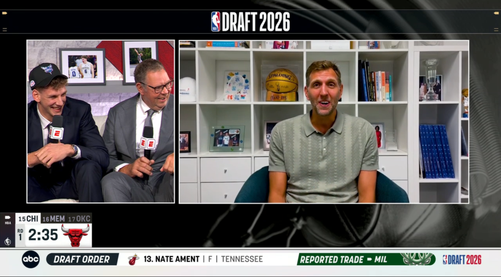 A split screen showing a young man wearing a basketball cap laughing with an older man, and Dirk Nowitzki speaking from home, with graphics for the 2026 NBA Draft below.