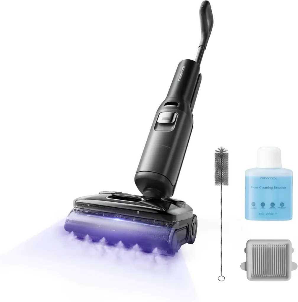 Roborock floor cleaner with cleaning solution, brush, and filter.