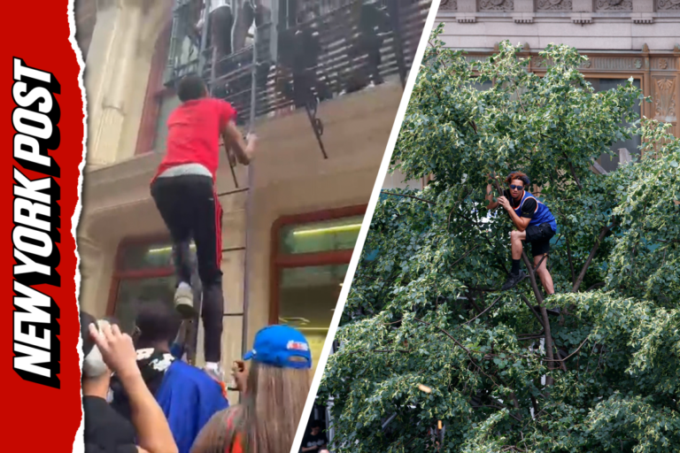 Fans crowd onto scaffolding, climb fire escapes desperate to see view of historic Knicks parade (Video)