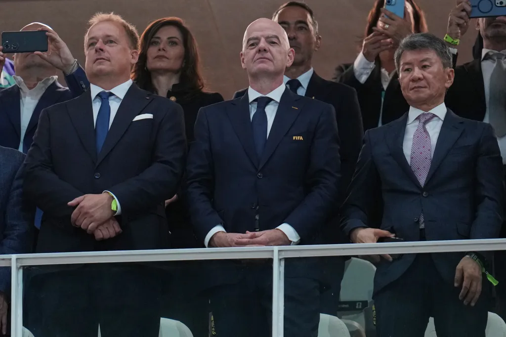 FIFA President Gianni Infantino reacting at a soccer match.