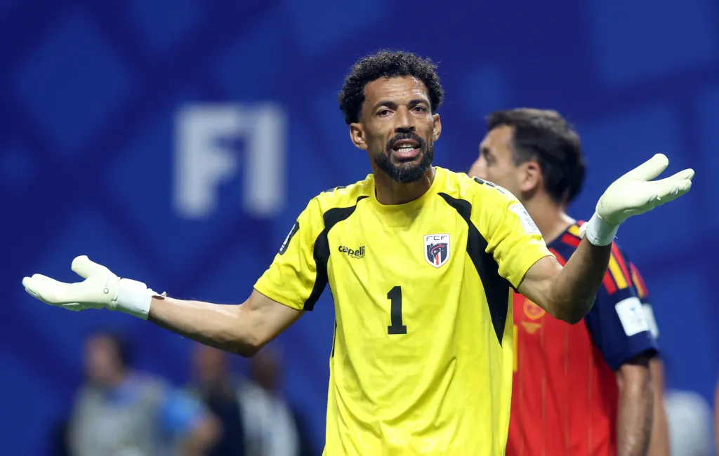 Vozinha, the goalkeeper for Cape Verde, reacting during the FIFA World Cup 2026 match against Spain.