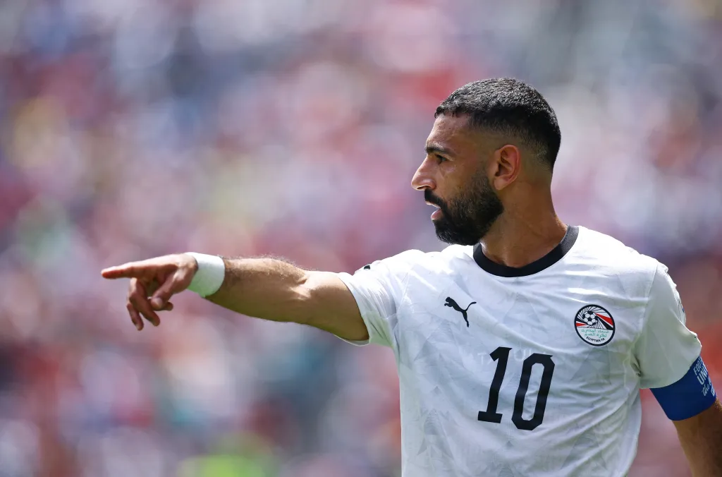 Egypt's Mohamed Salah reacts during a soccer match.