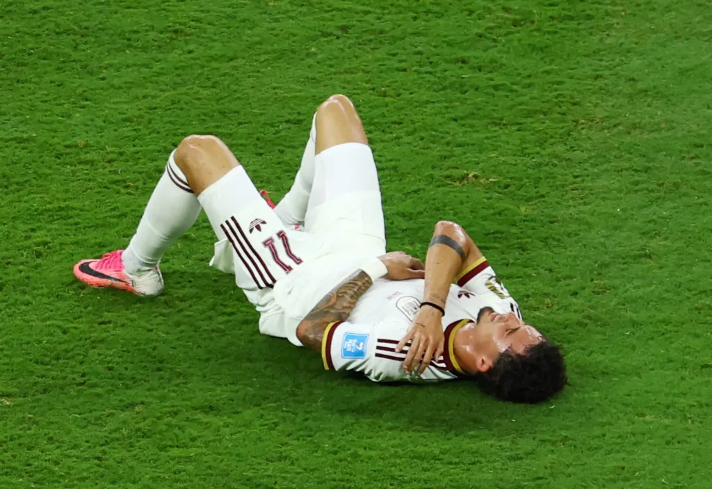 Spain's Yeremy Pino reacts while lying on the ground during the FIFA World Cup 2026 match against Uruguay.