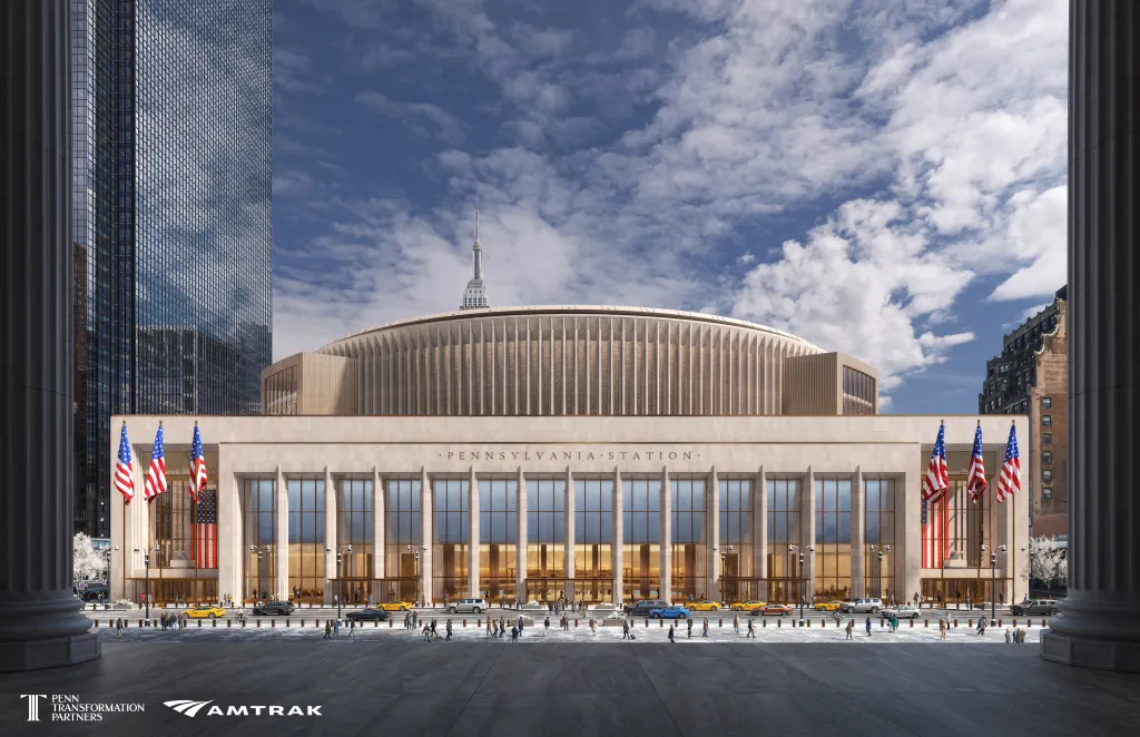 Illustration of the proposed Penn Station redevelopment, showing a grand stone facade with large windows, American flags, and a street scene with pedestrians and cars.