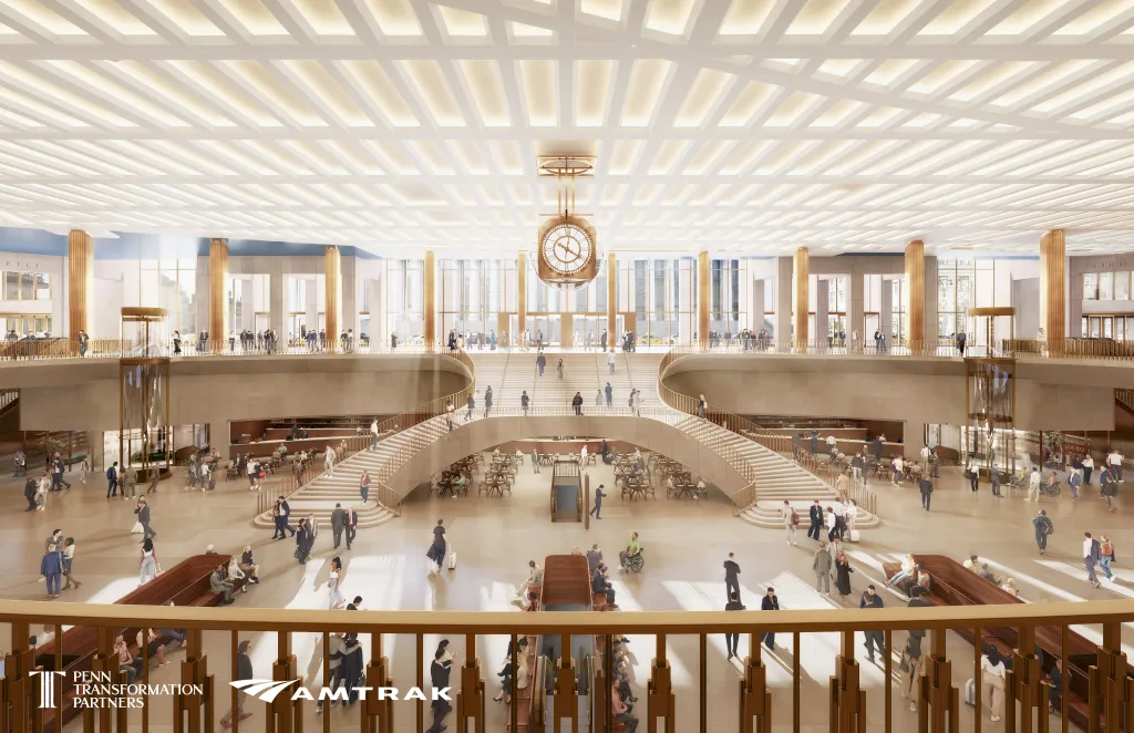 Illustration of the redeveloped Penn Station concourse, with grand staircases, a large clock, and numerous people.