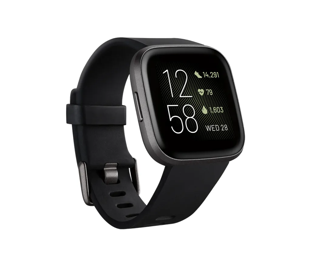 Fitbit Versa 2 smartwatch with a black band.
