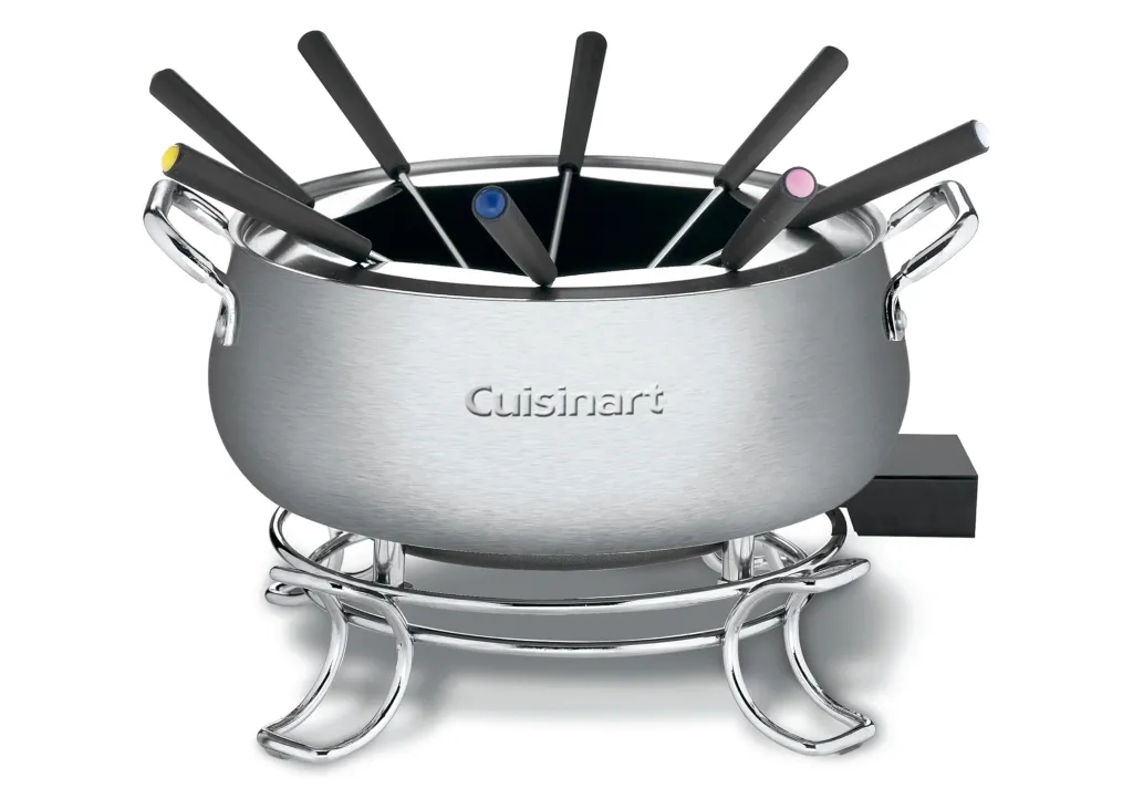 A Cuisinart fondue set with a brushed stainless steel pot, six fondue forks with colored tips, and a chrome stand.
