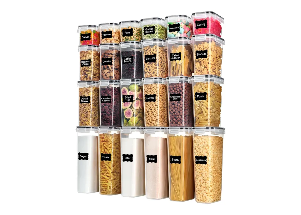 Clear food storage containers with labels for various items like candy, popcorn, beans, biscuits, pasta, and cereals.