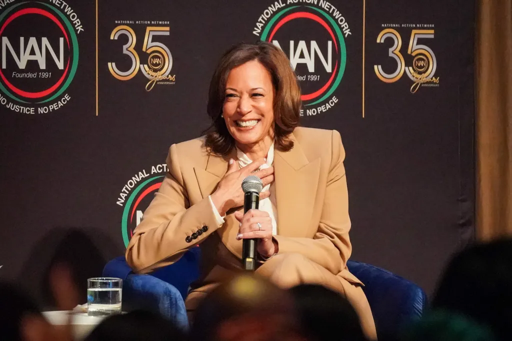 Former VP Kamala Harris speaking at the National Action Network Convention.