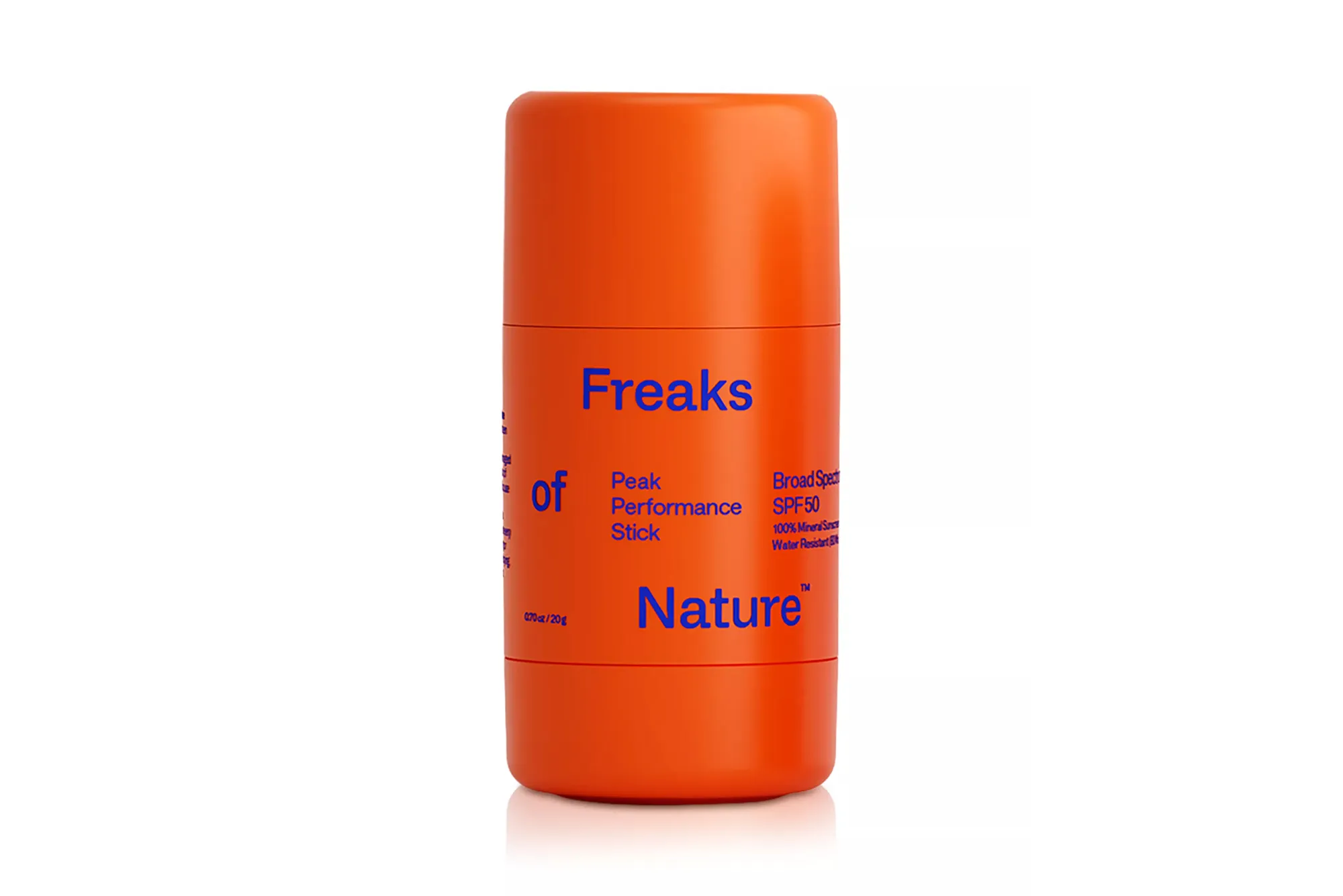 An orange stick of Freaks of Nature Peak Performance Stick, SPF50, 100% Mineral Sunscreen, Water Resistant.