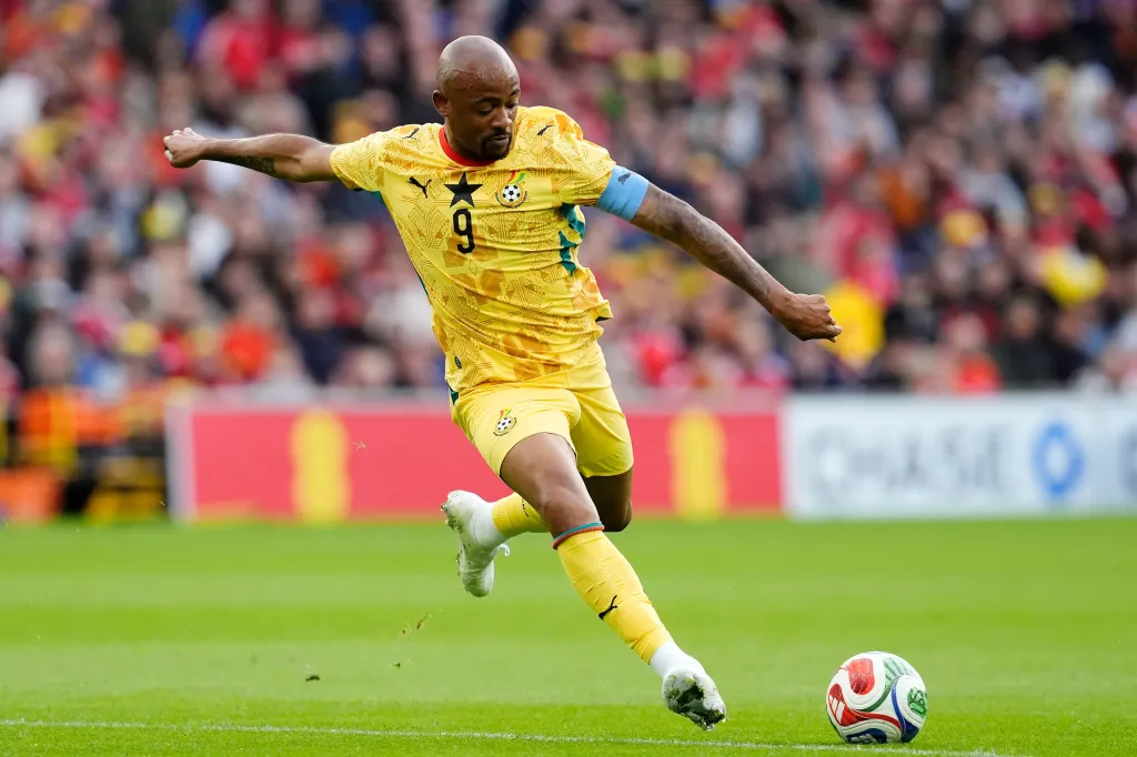 Ghana's Jordan Ayew attempts a shot on goal during an international friendly soccer match against Wales.