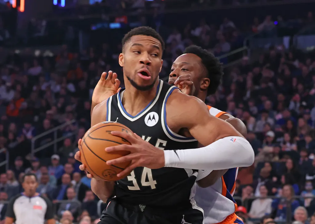 Giannis Antetokounmpo of the Milwaukee Bucks driving to the basket during a game against the New York Knicks.