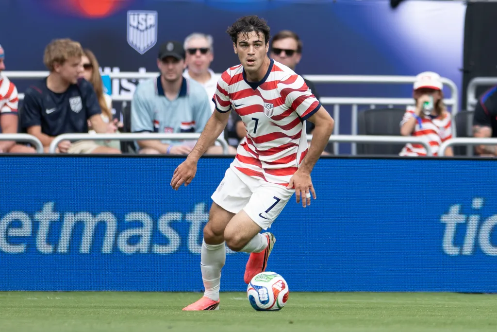 Gio Reyna of the United States moves with the ball during an international friendly match.
