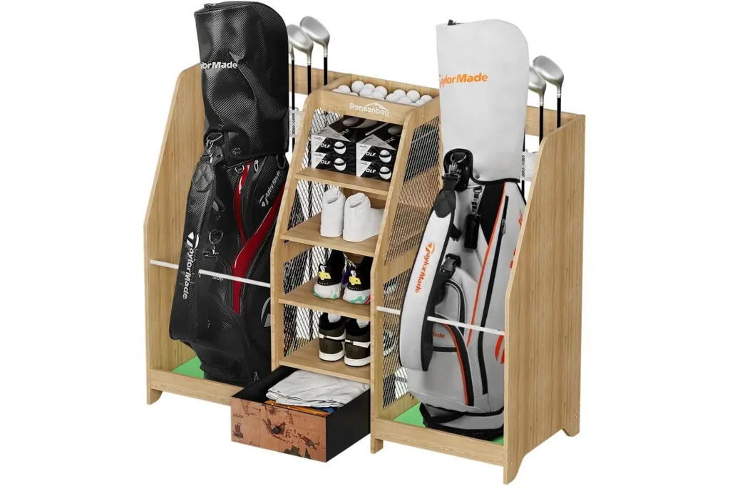 Wooden golf club organizer with shelving for balls, shoes, and bags.