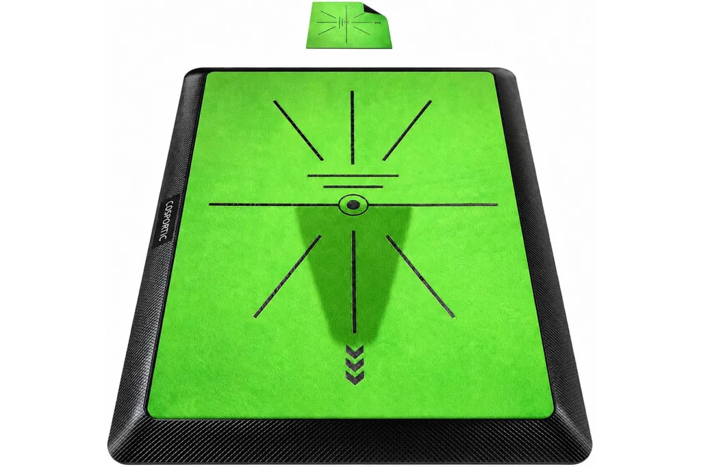 Golf putting mat with alignment guides, a practice mat, and a small mat rolled up.