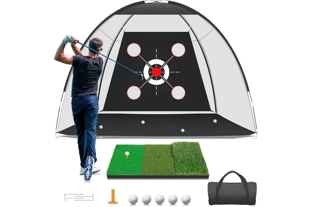 Collage of a man swinging a golf club towards a golf net with a bullseye target, a tri-turf hitting mat, golf balls, tees, and a carry bag.