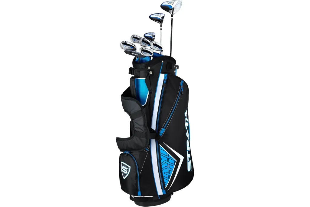Golf club set for men in a black and blue golf bag.