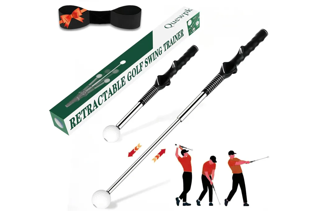 QueWpk Retractable Golf Swing Trainer with arm correction band, showing extended and retracted positions, and an illustration of a golfer using it.