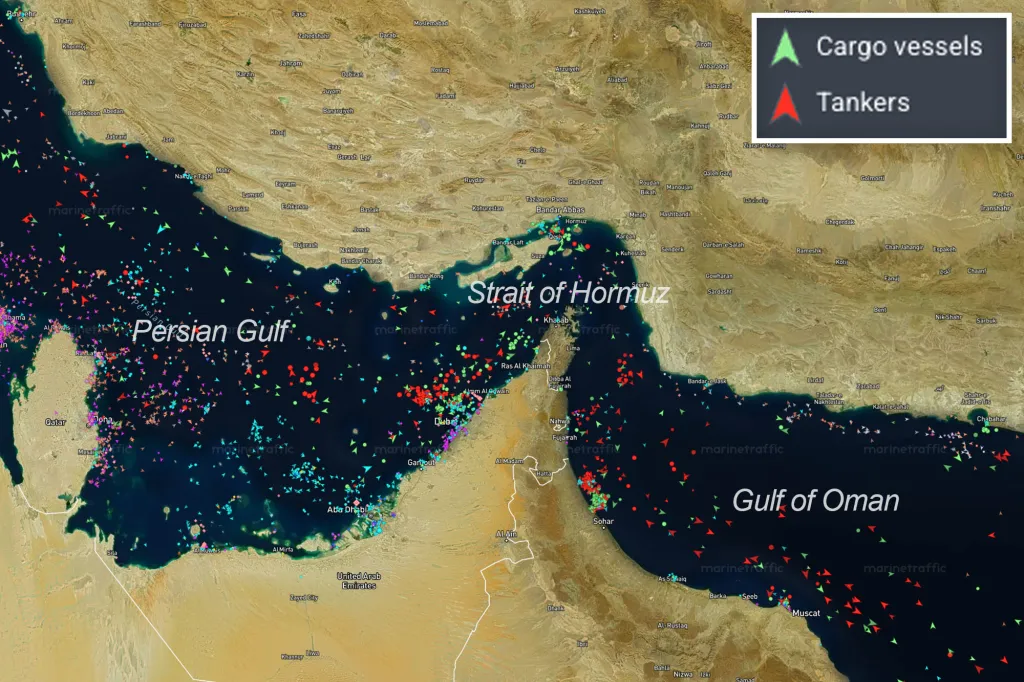 Illustration of cargo vessels and tankers in the Strait of Hormuz, Persian Gulf, and Gulf of Oman.