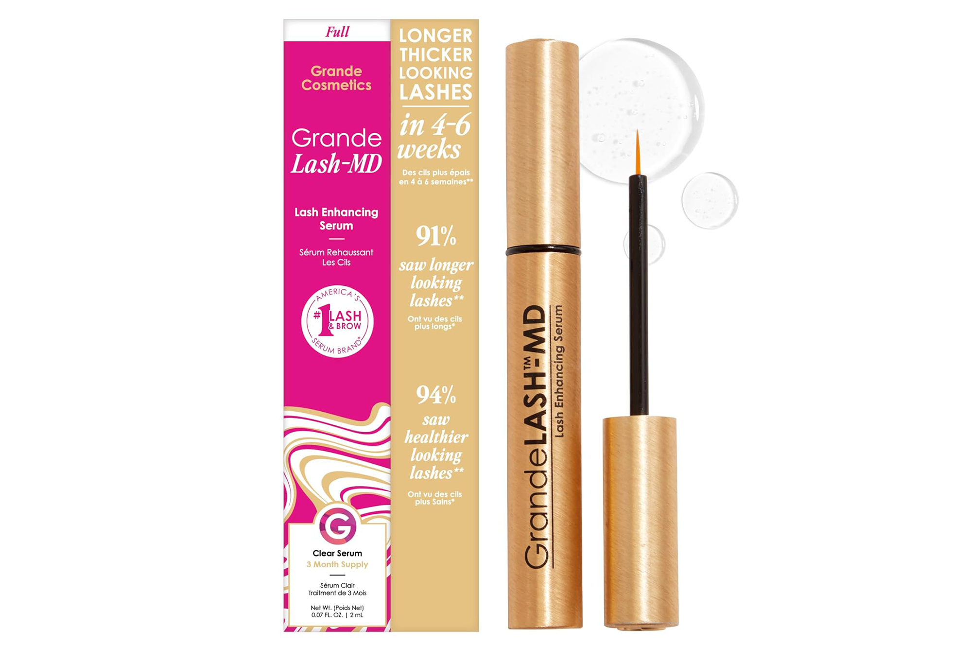 GrandeLASH-MD Lash Enhancing Serum and packaging, showing a gold tube with a pulled-out applicator next to its pink and gold box.